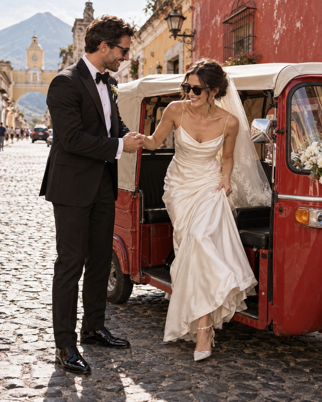 A groom helping a bride step out of a red tuk-tuk on a cobblestone street in Antigua Guatemala, with the Santa Catalina Arch in the distance.