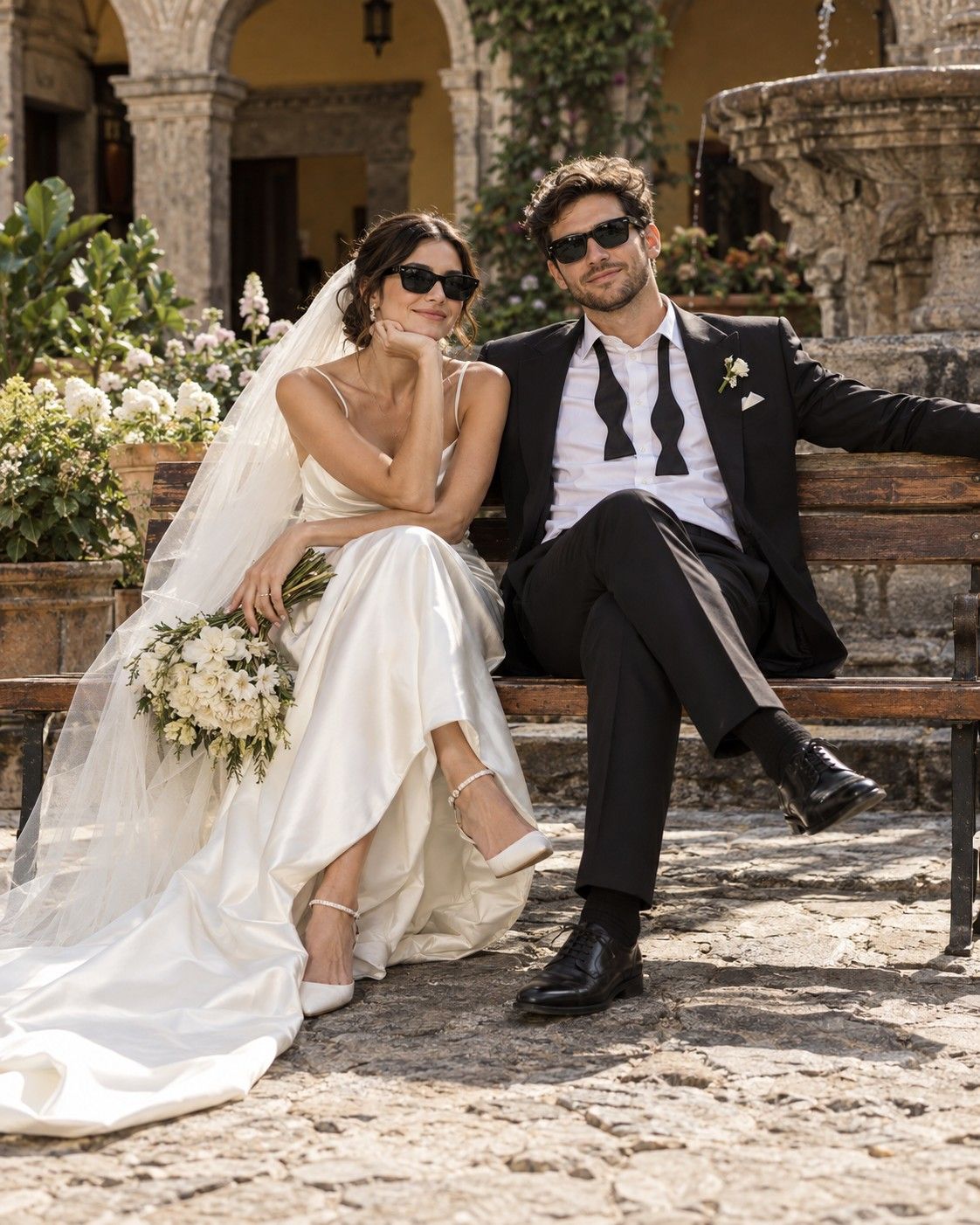 A bride and groom in sunglasses sitting on a wooden bench in a colonial courtyard with a stone fountain.