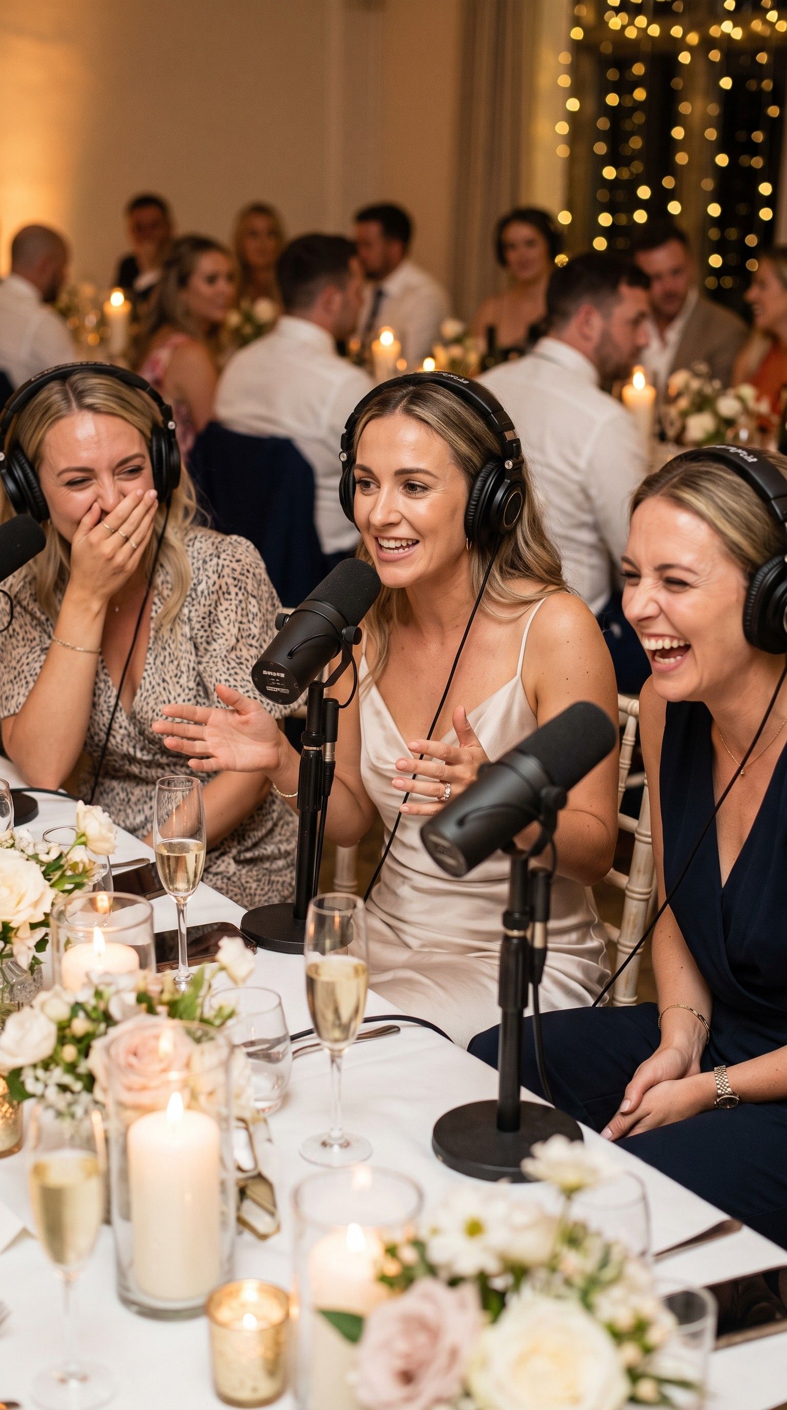 Three women in headphones laughing at a reception table with microphones, candles and champagne.