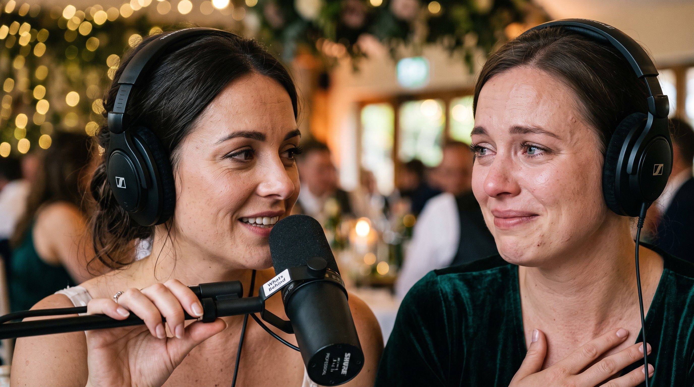 A woman in headphones speaking into a microphone while the woman beside her, also in headphones, listens with tears in her eyes.