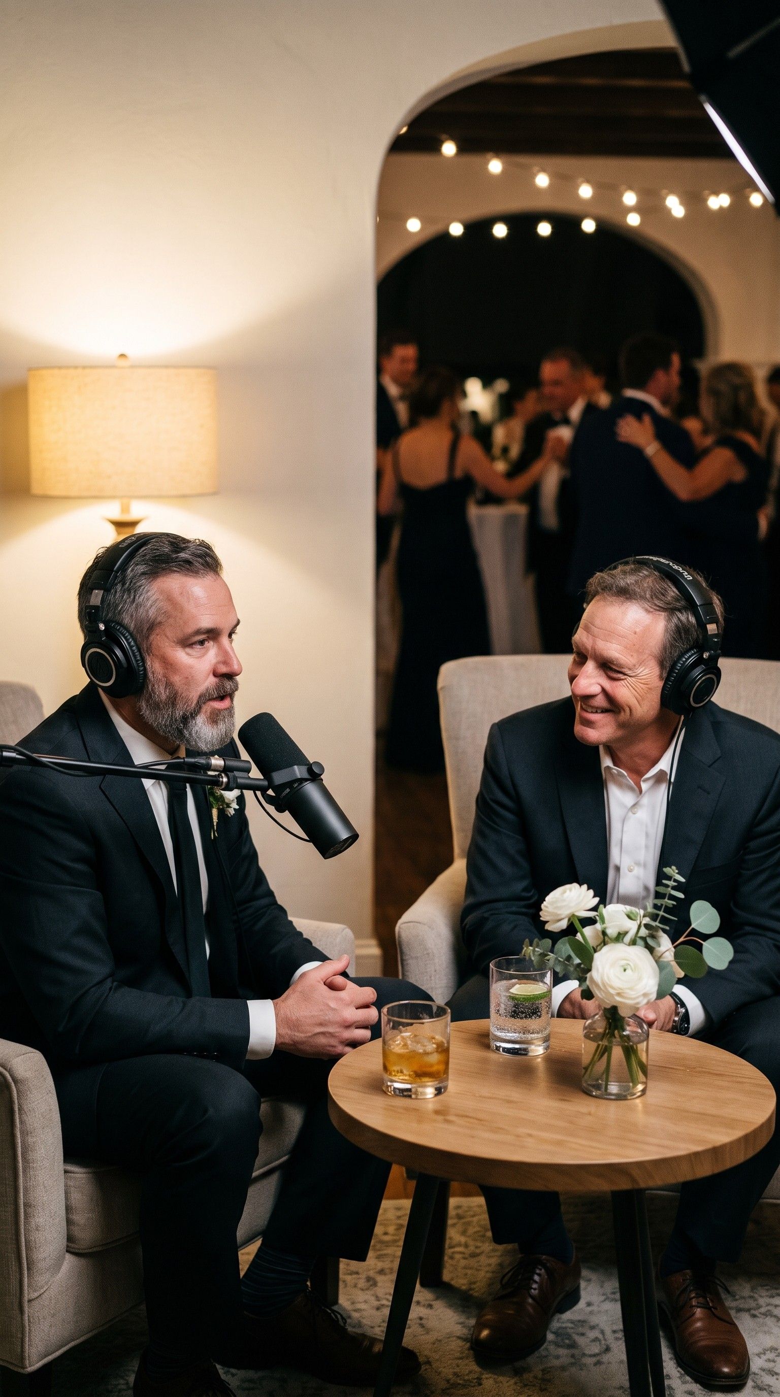 Two men in dark suits and headphones talking in armchairs beside a small table, with guests dancing in the next room.