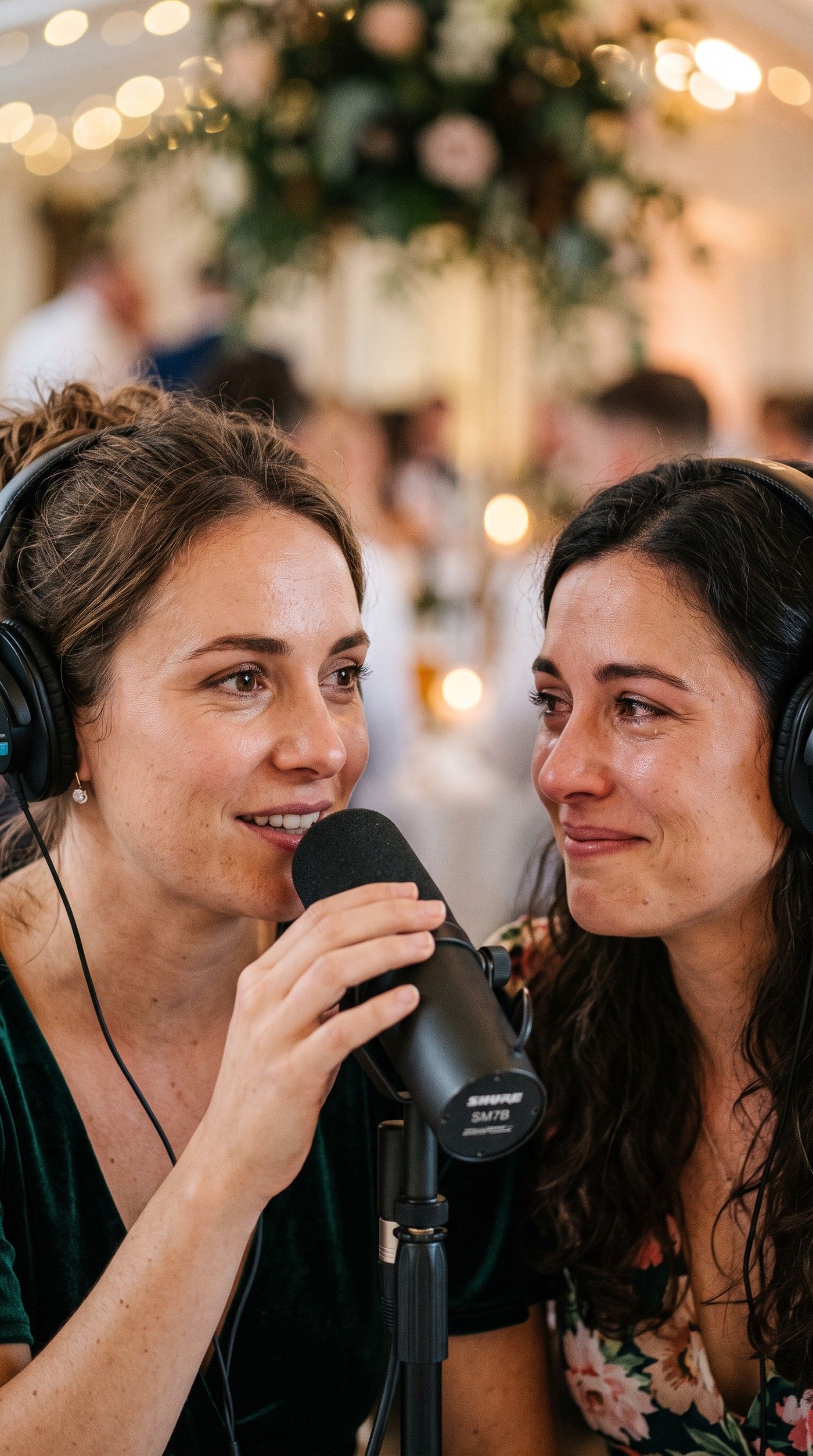 Una mujer con audífonos habla a un micrófono mientras otra, a su lado, la mira emocionada; al fondo, una recepción con flores y luces.