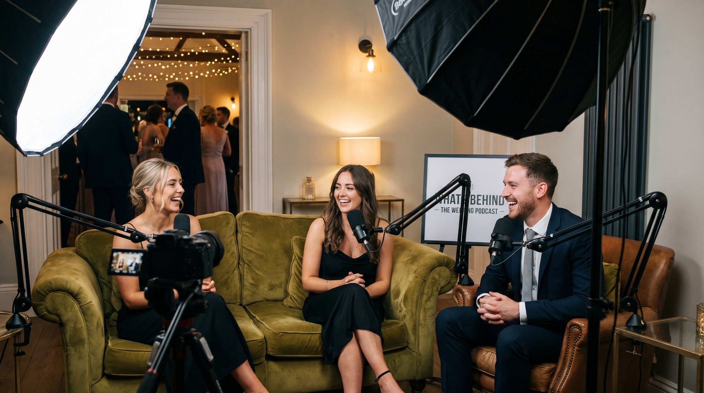 Two women on a green velvet sofa and a man in an armchair laughing into microphones, with wedding guests visible through a doorway.