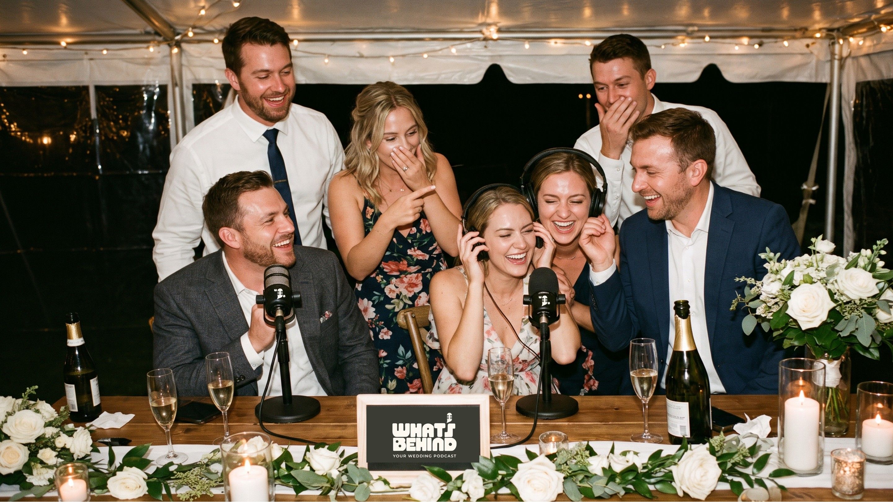 Six wedding guests laughing around a table with microphones and headphones, under a tent strung with lights.