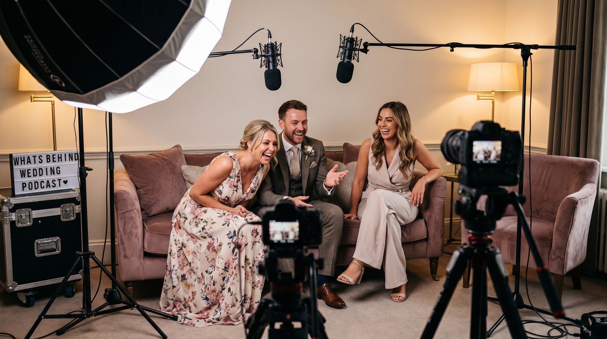 Tres invitados ríen sentados en un sofá frente a dos cámaras y dos micrófonos; a un lado, una caja de luz con el texto Whats Behind Wedding Podcast.