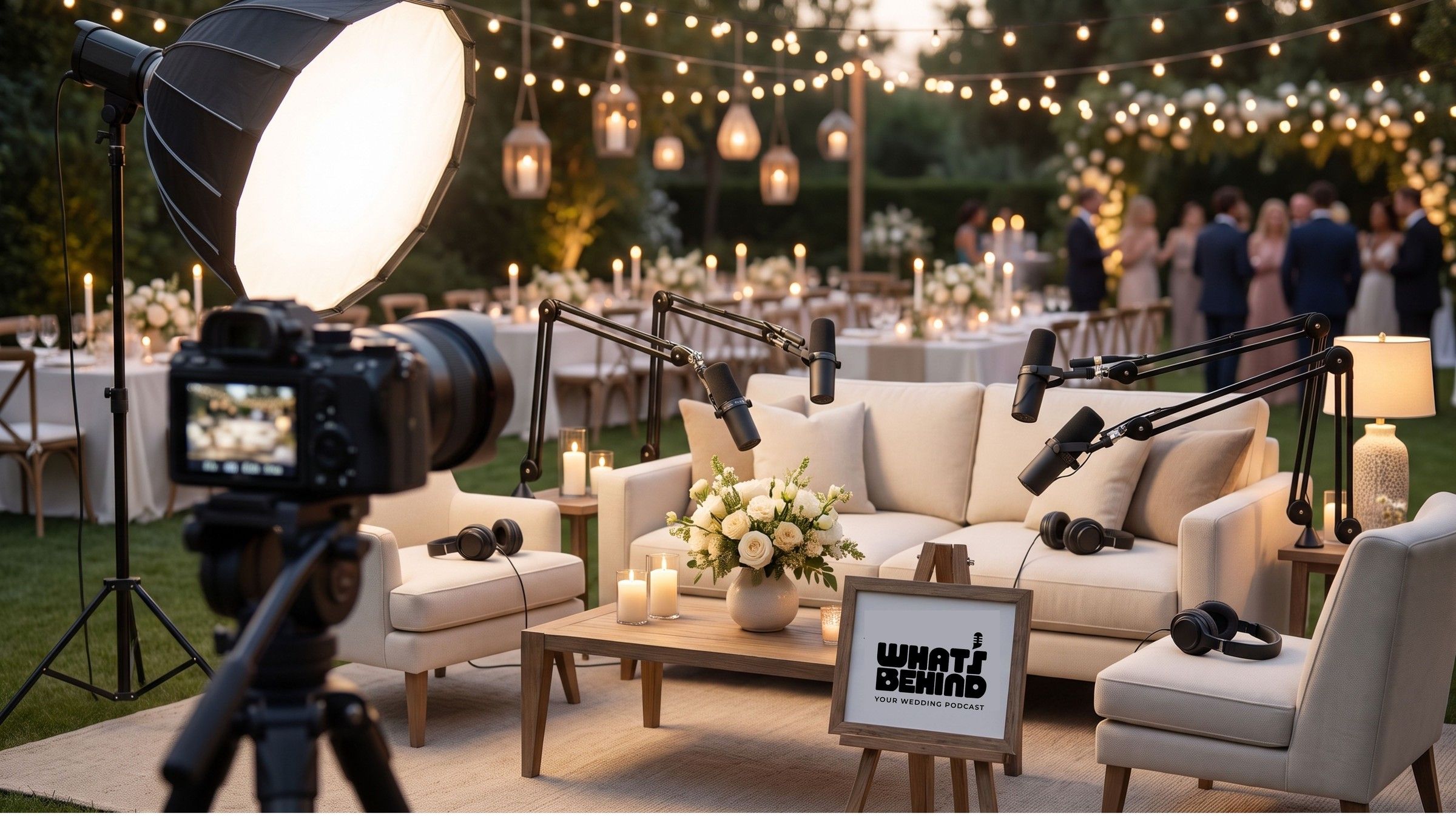 A podcast set at an outdoor wedding reception: a cream sofa and armchairs, four microphones on arms, headphones, a camera and a softbox, with tables and guests behind.