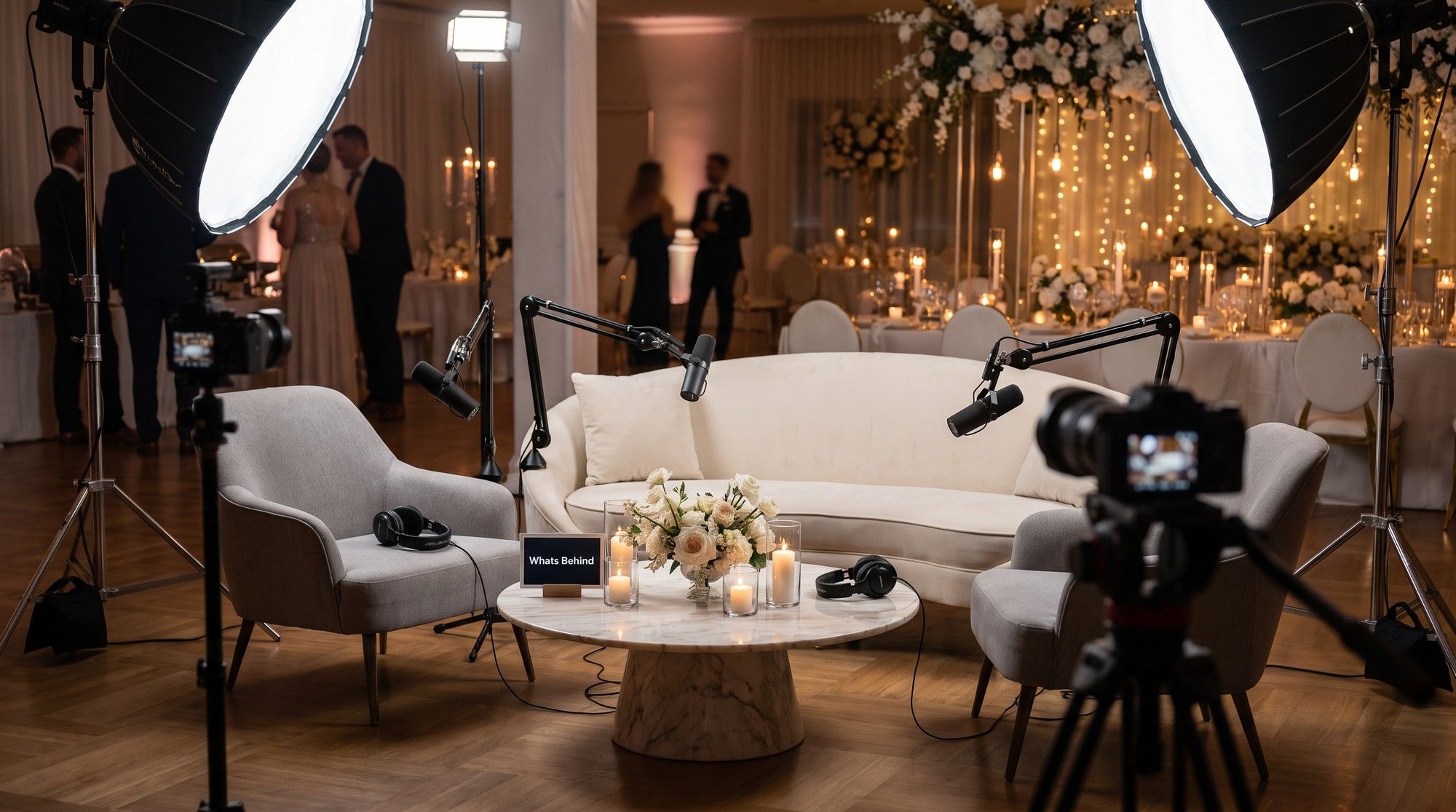 Un set de podcast vacío en un salón de recepción: sofá y sillones claros, tres micrófonos con brazo, audífonos, dos cámaras y dos luces, con mesas iluminadas con velas al fondo.